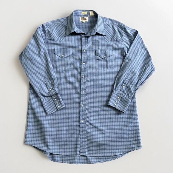Ely Cattleman Other - Ely Cattleman Blue Plaid Western Shirt Men's Size 18.5-35 T Pearl Snaps Vintage